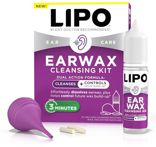 Lipo Earwax Cleansing Kit, Cleansing Ear Drops, Bulb Syringe, and Cotton Plugs, Effortlessly Dissolves Ear Wax, Easy to Use Ear Wax Removal Kit, Clinically Tested Peroxide-Free, 0.5 Fl Oz