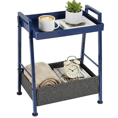 ZEXVIDA Small End Table with Fabric Storage Basket, 2-Tier Modern Metal Side Table with Tray Top, Unique Side Tables, Cute Coffee Table for Living Room, Bedroom, and Small Spaces, Navy Blue