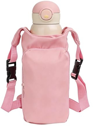 Apradas Water Bottle Carrier Bag, with Phone Pocket & Adjustable Shoulder Strap, for Hiking Travelling Camping (Pink)