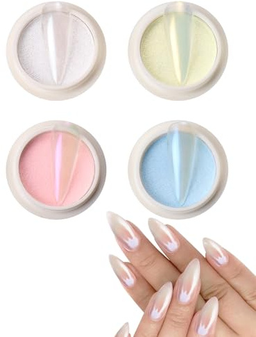 KAHZOR Polvo Cromado Pigmento para Uñas 4 Cajas - Efecto Espejo Metálico, Aurora y Perla para Manicura Profesional DIY.