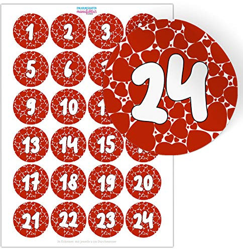 Adventskalender-Zahlen Aufkleber 1 bis 24 / Herzen rot mit großen Zahlen/Etiketten/Sticker/Weihnachtskalender/Advent/Rund/DIY/zum Aufkleben