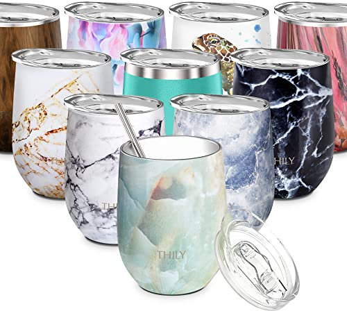 THILY Weinglas mit Deckel und Strohhalm, isoliert, 340 ml, dreifach wandig, isoliert, Edelstahl, hält kalt oder heiß für Wein, Kaffee, Cocktails und Getränke 12 oz Opal Marble