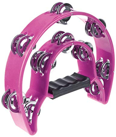 Half Moon Musical Tambourine Double Row Metal Jingles Hand Held Percussion Drum Multicolor (Pink) for KTV Party with Ergonomic Handle Grip
