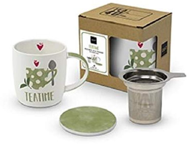 PPD Teebecher mit Deckel und Sieb, New Bone China, rostfreies Edelstahl, dekoriert, mit Geschenkbox (Tea Time)