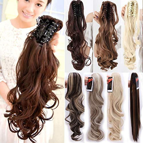 S-noilite Queue de Cheval Extensions à Clips Cheveux Naturels Postiche Ponytail Clip in Hair Extensions 45cm Bouclé - Auburn lumière