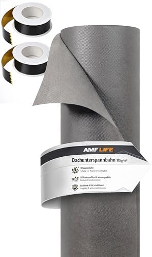 AMF Life Dachunterspannbahn Grau 0,75 x 25 m inkl. 2x Klebeband Schwarz | Unterspannbahn 115 g/m², Dachfolie, wasserundurchlässig, diffusionsoffen, UV-stabilisiert, wetterfest