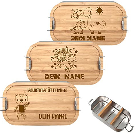 Generisch Brotdose mit Namen personalisiert 700ml, Lunchbox mit Kinder Motiv und Namen aus Metall mit Bambusdeckel