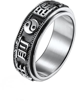 PAMTIER Herren Drehbarer Ring Rostfreier Stahl Taoistisches Mantra mit Neun Zeichen im Retro-Stil im Chinesischen Stil Größe 62 (19.7)