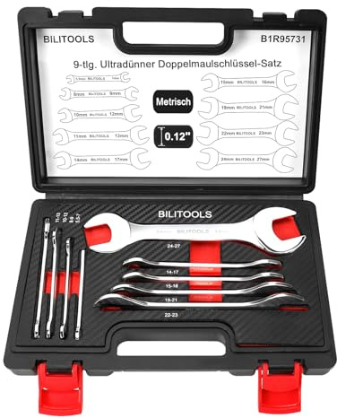 BILITOOLS 9-tlg Maulschlüssel Set extra flach dünn 5,5-27 mm | Extra flacher Gabelschlüsselsatz aus CR-V Stahl für enge Räume, Werkstatt, Fahrrad, Maschinen und Montage