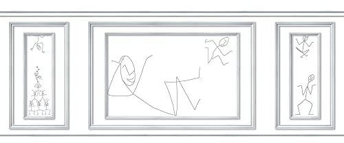 Papier peint bois trompe l'oeil, motif personnages rigolots, 75 cm X 200 cm, soubassement panoramique boiserie.