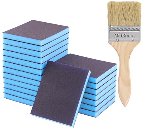Glarks 21-teiliges Schleifschwamm-Set mit Körnung 150, enthält 20 Stück 120 x 100 x 12 mm, wiederverwendbare und waschbare Schleifblöcke mit 1 Pinsel für Holz, Metall, Farbe und Trockenbau