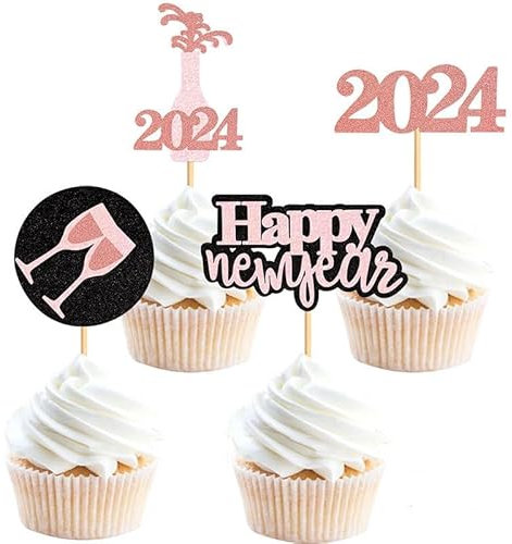 24 Stück Happy New Year 2024 Cupcake-Topper Kuchenplektren für Silvester 2024 Party transparente Leckerli-Plektren (Rotgold)