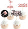 24 Stück Happy New Year 2024 Cupcake-Topper Kuchenplektren für Silvester 2024 Party transparente Leckerli-Plektren (Rotgold)