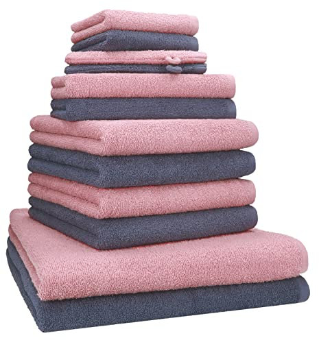 Betz 12 TLG. Handtuch Set Berlin 100% Baumwolle 2 Liegetücher 4 Handtücher 2 Gästetücher 2 Seiflappen 2 Waschhandschuhe Farbe Lotus - dunkelgrau