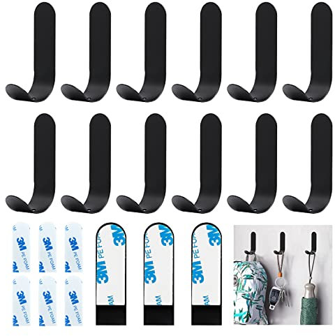 Realure 12 Pezzi Ganci Adesivi Neri con Colla 3M di Ricambio, Ganci Appendiabiti Adesivo Porta, Ganci Appendiabiti da Parete Adesivo, Ganci Cucina Strofinacci, Gancio Adesivo Nero, Gancio Parete
