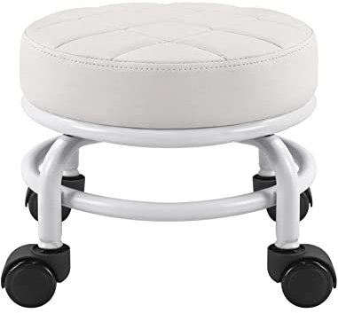 FURWOO Rollsitz PU-Leder Niedriger runder Rollhocker Bodenhocker mit Universal-Rollen für Home Fitness Sport Pediküre Hocker, H：25.5cm(Weiß)