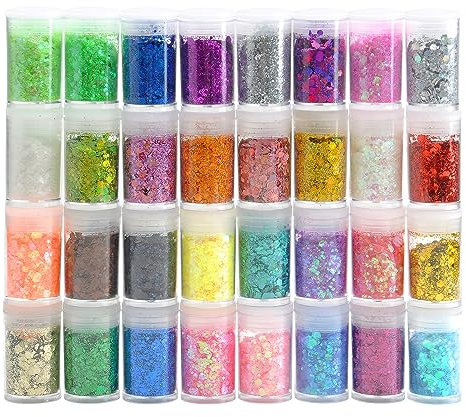 32 Stück Bastel Glitzer, Glitzerpulver Set Fein Glitzerpulver und Klobig Glitzer DIY Basteln Glitzer, Körper Nägel Glitzer für Epoxidharz Dekoration, Karten, Papier, Masquerade, Nagelkunst