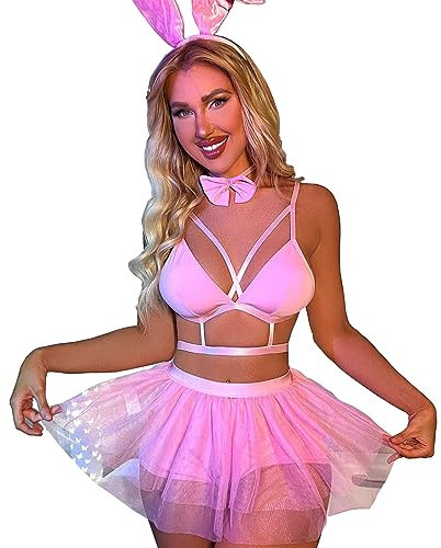 SNOMYRS Sexy Bunny Rave Outfits Mesh Cosplay Lingerie Metallic Crop Top Rosa Bodysuit Anzug Festival Outfits für Frauen Plus Größe