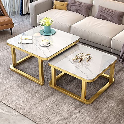 Lot de 2 tables basses gigognes empilables effet marbre plateau de table en verre trempé lisse pour salon, tables de canapé en métal (couleur : cadre doré, taille : 70 cm blanc + 60 cm blanc)
