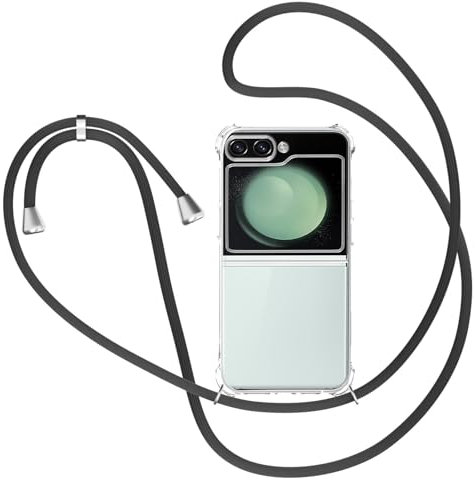 Handykette für Samsung Galaxy Z Flip 5 Hülle mit Band, Transparent Silikon Handyhülle für Samsung Galaxy Z Flip 5 5G mit Kette Stossfest - Schnur mit Case zum Umhängen in Schwarz