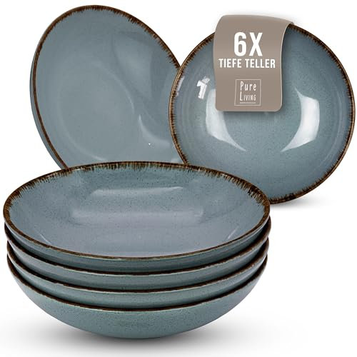 Ensemble de 6 Assiettes Creuses Rustiques en Steingut Premium - Lavables au Lave-Vaisselle - Ensemble Élégant de 6 Assiettes Profondes pour 6 Personnes, Salades, Pâtes - Pure Living en Bleu Fumé