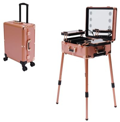 4-in-1 Kosmetiktrolley mit Großem Spiegel und LED-Beleuchtung, Schminkkoffer Ausziehbaren Ablagen und verstellbaren Beinen (Rosa)