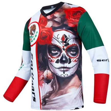 Serijoars Racing Herren Langarm-Off-Road-Radtrikot, Mountainbike, MTB, Trikot, Downhill- und Motocross-Shirts, Rot/Weiß, XXL
