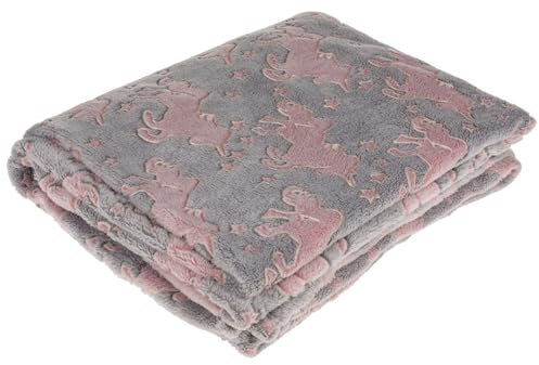 MIJOMA Kuscheldecke mit Nachleuchtendem Motiv - Stilvolle Wohndecke mit Einzigartigem Glow-in-The-Dark Effekt - Perfekt zum Kuscheln - Polyester - Farbe Grau (Einhorn, 150 x 130 cm)
