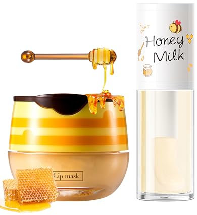 2Pcs Bee Lip Balm Honey Pot Lip Mask & Lip Glowy Oil Lip Care Set, Propolis Moisturize & Nourish Lipgloss Repair Treatment, Lip Scrub Exfoliator, Reduce Lip Line & Protect & Plump Dry Cracked-Set A