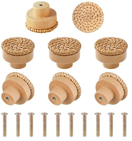 Kacrilidi 8 Stück Rattan Möbelknöpfe Schrankknöpfe, Boho Rattan Schrankknöpfe, Vintage Runde Holz Schubladengriff Schubladenknöpfe, für Kommodenknöpfe, Möbel Schränke Schubladen, 40mm x 35mm