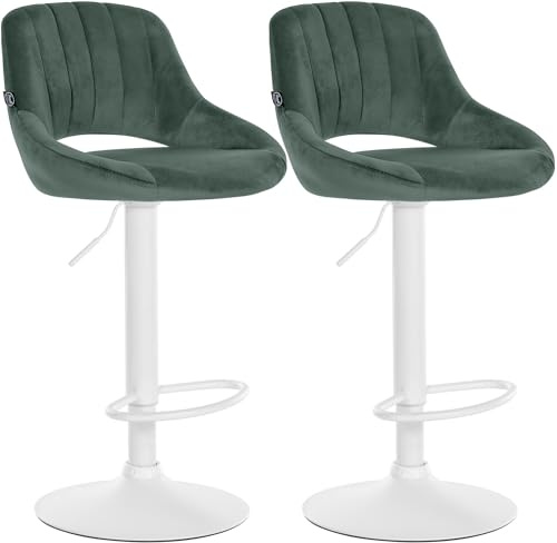 CLP Barhocker 2er Set höhenverstellbar mit Lehne Milet, Barstühle gepolstert Samtbezug, Tresenstühle mit Metallgestell drehbar | Farbe grün Material Gestell Metall matt Weiss