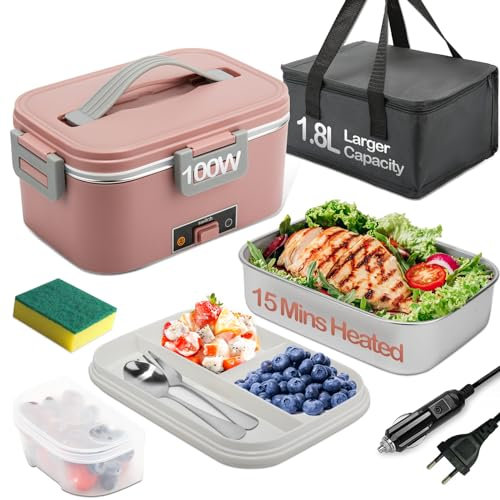 BYbrutek Elektrische Lunchbox 100W, 3-in-1 tragbare beheizte Lunchbox, 1,8L Herausnehmbare Edelstahl-Brotdose, 12V/24V/220V Isolierte Wärmebox für Auto/Lkw/Büro, Mit isolierter Tasche und Schwamm