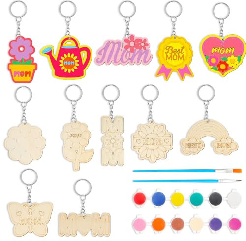 Yousoontic 12 Stück Holz-Schlüsselanhänger zum Ausmalen für Muttertag, Basteln für Jungen und Mädchen, beste Mutter, Geschenke, leere Blume, Herz, Schmetterling, Regenbogenform, Schlüsselanhänger,
