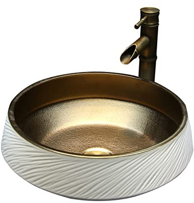 GaRcan Badezimmer-Waschbecken, Keramik-Badezimmer-Waschbecken, über der Theke, Porzellan-Waschbecken für Toilette, Waschtisch, rundes Badezimmer-Waschbecken mit goldfarbener Handveredelun
