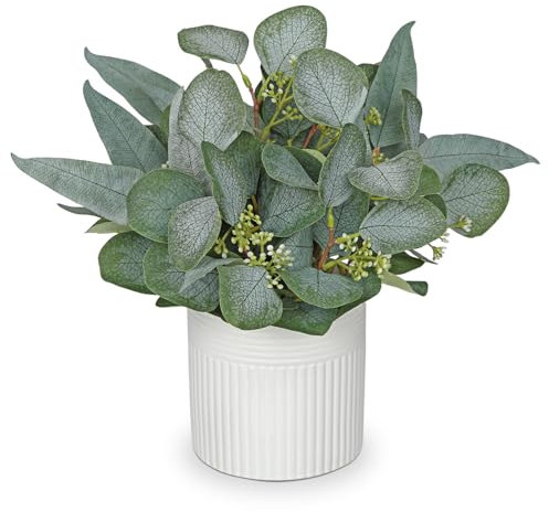 Oairse Plantas artificiales de interior con macetas de cerámica de 30 cm, plantas decorativas de eucalipto sintético realista para el hogar, baño, cocina, sala de estar, escritorio, estantes,