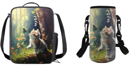 COEQINE Kawaii - Juego de 2 loncheras con diseño de mariposa y gato para niños, mujeres, niñas, primavera, floral, verde, para la escuela, secundaria, con correa para botella de agua