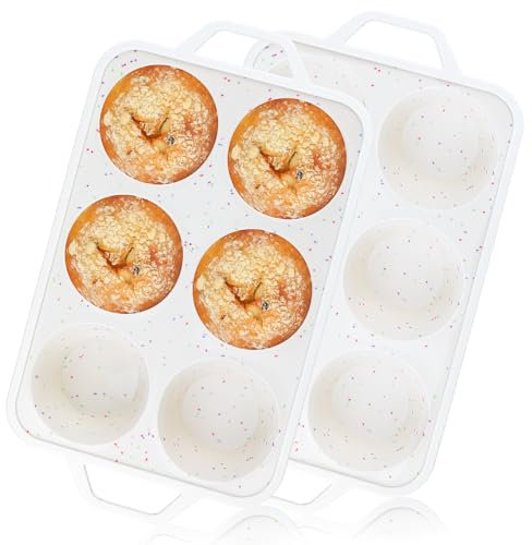 Vinino Jumbo Muffin Pan with Metal Reinforced Frame-2Pack, Silicone Cupcake Pan for Baking 6 Cup Jumbo Size, BPA Free Silicone Muffin Tray, Cupcake Baking Pan Molds for Oven Dishwasher Safe-Cream