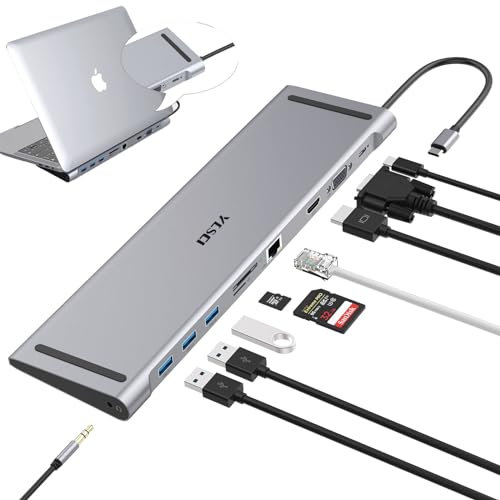 USB C Docking Station, 10 in 1 USB C Hub mit 4K-HDMI, VGA, 3 USB 3.0 Ports, USB-C, Gigablit Ethernet RJ45, SD/TF-Kartenles, Audio für Windows 10,8,7,XP/Mac OS/Linux
