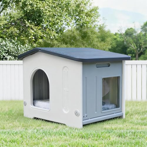 Rockever Plastic Outdoor Cat House with Escape Door, Waterproof Cat Shelters for Feral Cats Indoor Cat House with Mat, Sturdy Cat House for Outdoor Cats, Assemble Easily-Grey | Sturdy grey plastic shelter with escape door, easy clean assemble weatherproof cats house for feral cats and small pets