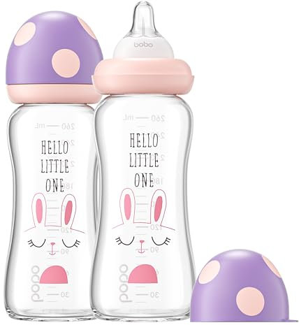 YOHKOH Weithals-Babyflasche aus Glas, Anti-Colic Glas-Babyflaschensets mit Ultra Soft Silikon-Sauger, für Neugeborene Babys ab 1 Monat (Violett, 260ml (2er Pack))