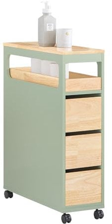 SoBuy Meuble Salle de Bain à roulettes, Armoire de Salle de Bain Étroit avec 3 Tiroirs et Étagère Réglable, Petit Meuble WC en Bois pour Toilette, Vert, 65x24x82cm BZR54-GR