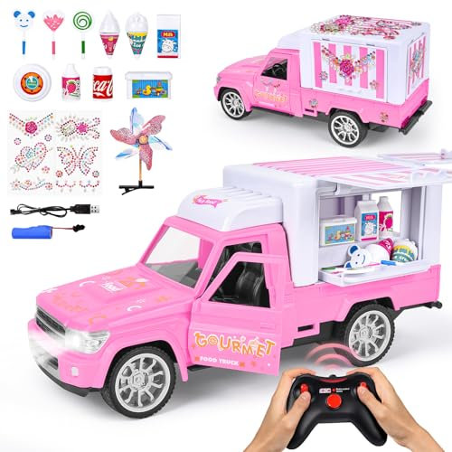 Joellfuner Voiture Télécommandée, Jouet Radiocommandée Truck pour Enfants, 1:14 Camping Desserts Car Rose Voiture Phare LED, Cadeau RC Voiture Jouet pour Filles 6-12 Ans