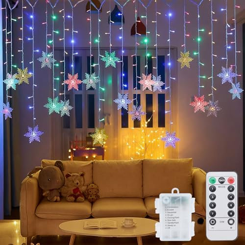 Curtain Lights Christmas Decoration Battery Operated, 96 LED Snowflake Fairy Lights Indoor, 8 Modes Waterproof Multicolored Christmas String Lights for Outdoor Window Bedroom Wedding Decoration
