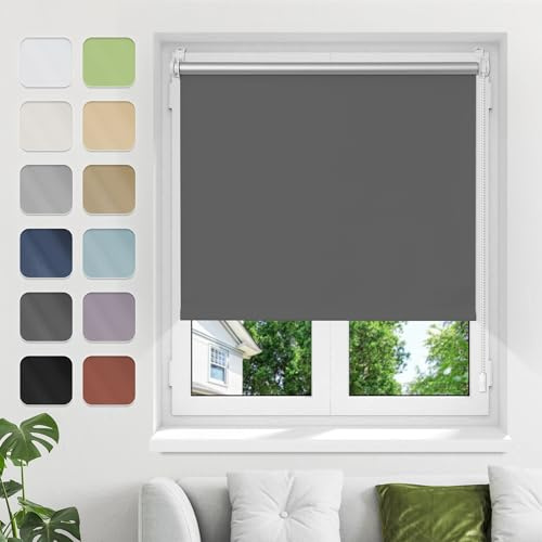 Verdunklungsrollo ohne Bohren Klemmfix, Dunkelgrau B80xH130cm Thermo Rollos für Fenster ohne Bohren Rollos Für Innen Verdunkelung& Sonnenschutz Seitenzugrollo Klemmrollos für Fenster