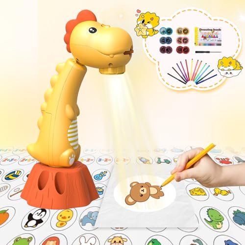 MFEESYOB Proiettore Disegni Bambini con 96 Modelli di Cartoni Animati e 12 Pennelli Colorati, Proiettore Smart Art Sketcher per Bambine e Bambini di 3+ Anni (Giallo)