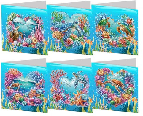 Starnearby 6 Stück DIY Diamond Painting Weihnachtskarte Mit Umschlag Diamant Painting Karten Grußkarten Handgefertigte Geschenkkarte Strass Handwerk Grußkarte (Schildkröte)