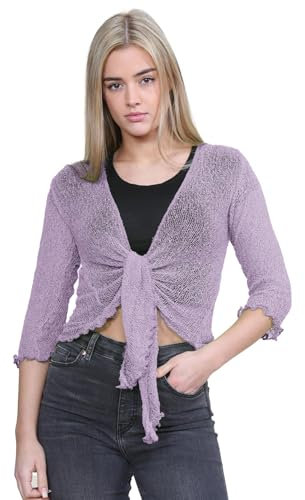 janisramone® Damen-Strickjacke, Doppel-Feinstrick, 3/4-Ärmel, Schnürung vorne, Bolero-Cardigans für Damen, dehnbar, bauchfrei, leicht, Sommer-Bolero, Abend-Tops, Flieder, Einheitsgröße