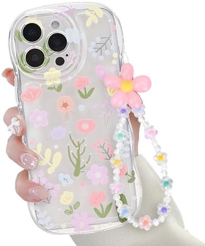 Newseego Clear Phone Case for iPhone 16 Pro Max, Aesthetic Cute Flower Pattern with Floral Chain for Girls Women Soft Flexible TPU Wave Frame Shockproof Camera Protection Cover for iPhone 16 Pro Max