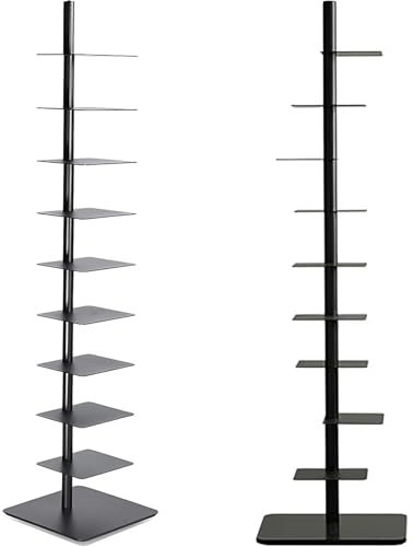 9-Tier Metal Spine Bookshelf Narrow Bookcase DIY Three-sided Free Rotation Adjustment Vertical Tower for Booksfor Small Spaces Tall & Narrow Ladder Bookcase (Black,15.8D x 15.8W x69H)