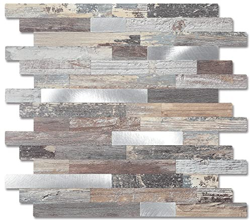 Yipscazo 10 Sheet Peel and Stick Stone Metal Tile Backsplash, Stick on Tiles for Backsplash Kitchen, Bathroom, Laundry Room, Camper, Fireplace (12'' X 12'', Light Wood)